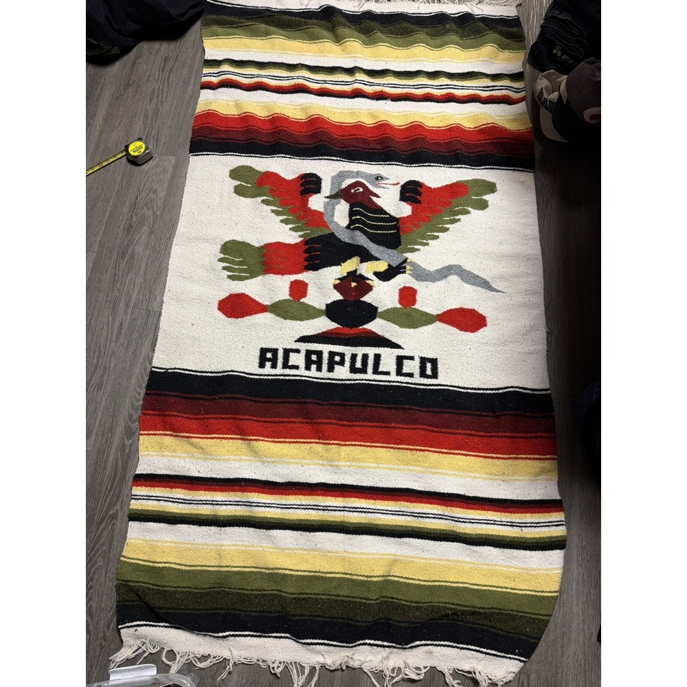 LARGE MEXICO SERAPE SALTILLO WOVEN BLANKET RUG THUNDERBIRD w/SNAKE 82x44